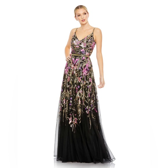 Mac Duggal Dresses & Skirts - MAC Duggal Women's V Neck Floral Embellished Spaghetti Strap Gown Black …